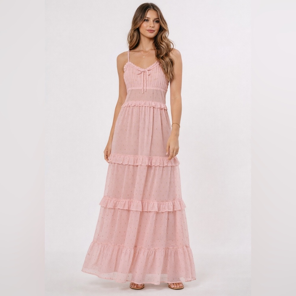 Camarosa Pink Tiered Maxi Dress Ruffle‎ Boho Romantic Size S M